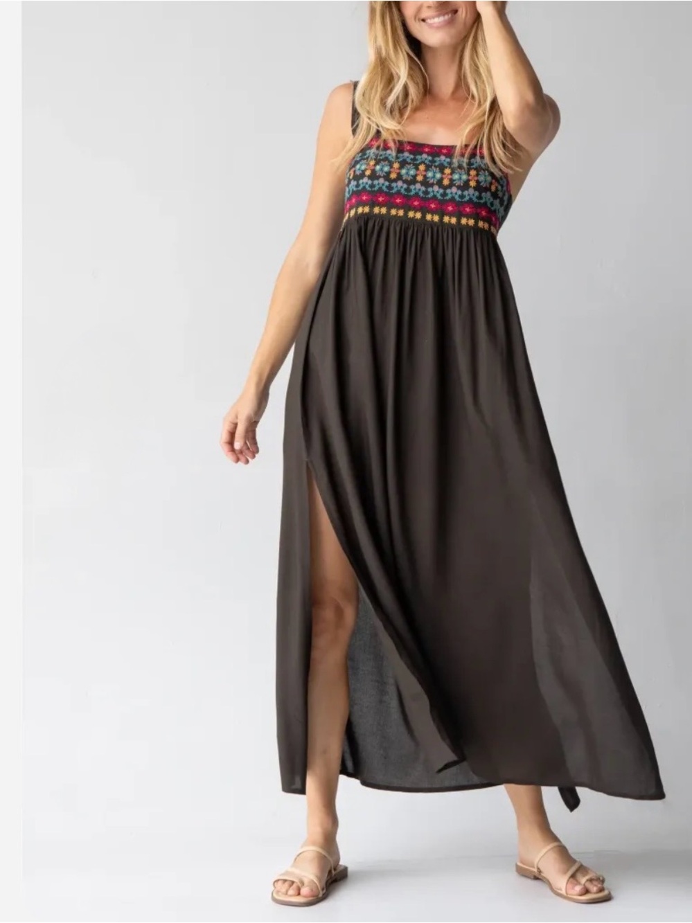 Natural Life Tricia Embroidered Maxi Dress Boho Floral Rayon Size XL